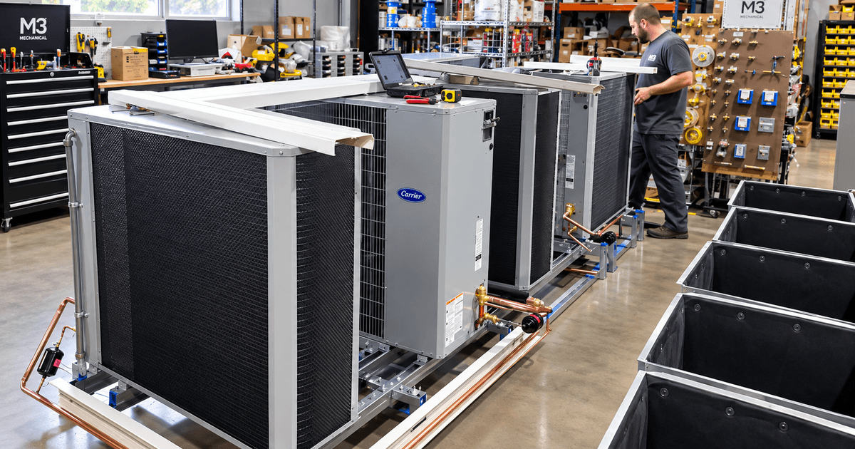 Shop preassembly of the five-condensing-unit rack.